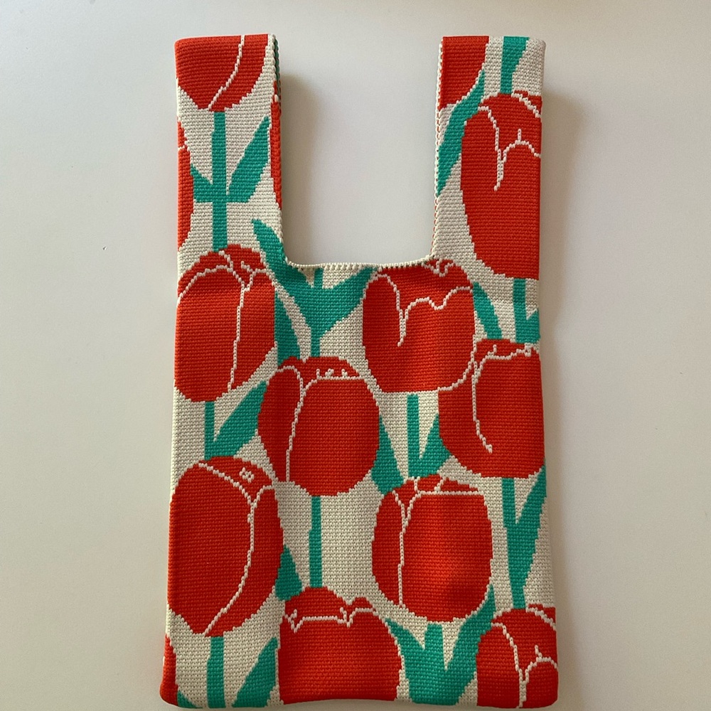 NEW Knit Woven Stretchy Fabric Bag Small Purse Handles Wrist Loop Tulips
